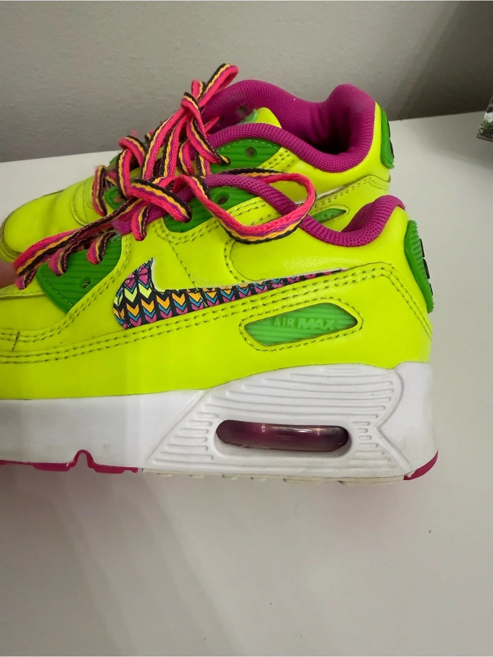 Nike Air Max 90 Kids Neon Volt Pink Green Sneakers Size 12C Retro Running Shoes